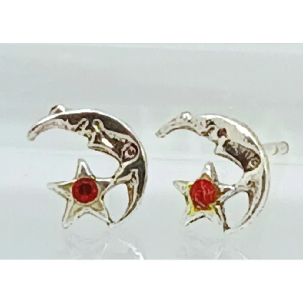 925 Sterling Silver Crescent Moon and Star Red Crystal‎ Stud Earrings Celestial